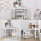 Ensemble bureau et chaise enfant GustoWave, Table d'étude d'angle en bois avec étagère, tableau d'affichage et porte-stylos, Table d'écriture, Blanc