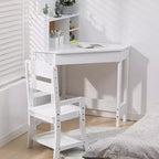 Ensemble bureau et chaise enfant GustoWave, Table d'étude d'angle en bois avec étagère, tableau d'affichage et porte-stylos, Table d'écriture, Blanc