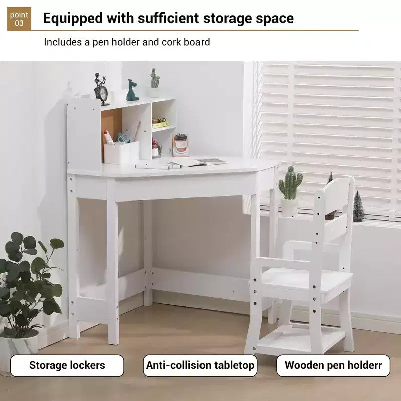 Ensemble bureau et chaise enfant GustoWave, Table d'étude d'angle en bois avec étagère, tableau d'affichage et porte-stylos, Table d'écriture, Blanc