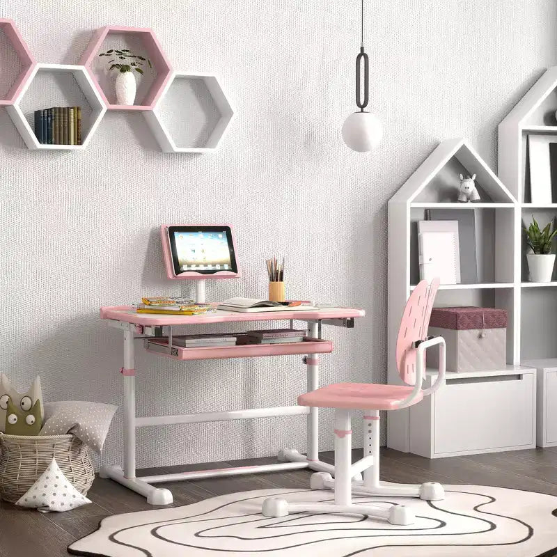 Whisen Kids Ergonomic Desk and Chair Set, Adjustable Height Study Table with Tilting Top, Drawer - Pink
