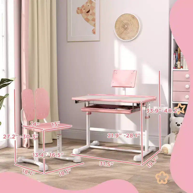 Ensemble bureau et chaise ergonomiques Whisen Kids, table d'étude à hauteur réglable avec plateau inclinable, tiroir - Rose