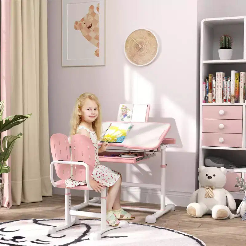 Ensemble bureau et chaise ergonomiques Whisen Kids, table d'étude à hauteur réglable avec plateau inclinable, tiroir - Rose
