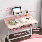 Ensemble bureau et chaise ergonomiques Whisen Kids, table d'étude à hauteur réglable avec plateau inclinable, tiroir - Rose