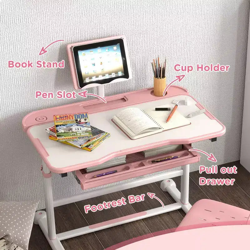 Ensemble bureau et chaise ergonomiques Whisen Kids, table d'étude à hauteur réglable avec plateau inclinable, tiroir - Rose