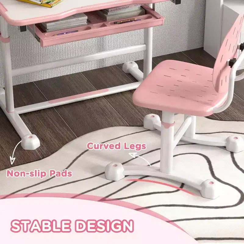 Ensemble bureau et chaise ergonomiques Whisen Kids, table d'étude à hauteur réglable avec plateau inclinable, tiroir - Rose