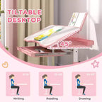 Ensemble bureau et chaise ergonomiques Whisen Kids, table d'étude à hauteur réglable avec plateau inclinable, tiroir - Rose