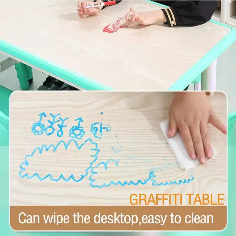 Ensemble table et chaises pour enfants, bureau réglable en hauteur avec 6 sièges pour les 2-10 ans, table d'activités artistiques et manuelles, plateau à graffitis, pieds antidérapants, capacité de 136 kg max.