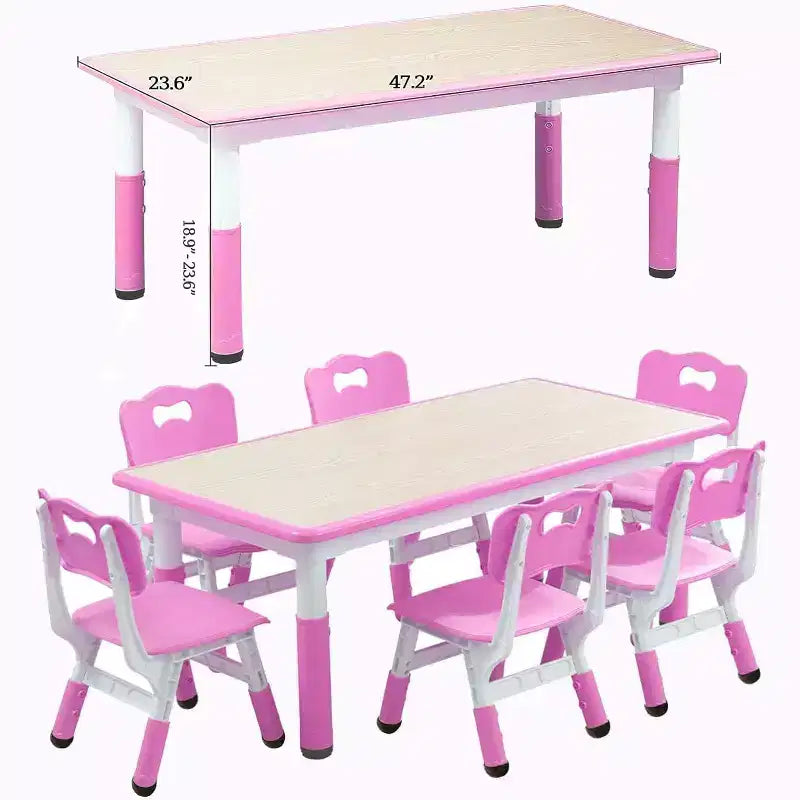 Ensemble table et chaises pour enfants, bureau réglable en hauteur avec 6 sièges pour les 2-10 ans, table d'activités artistiques et manuelles, plateau à graffitis, pieds antidérapants, capacité de 136 kg max.