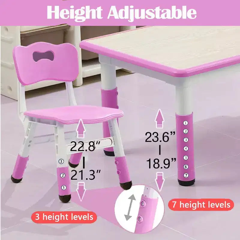 Ensemble table et chaises pour enfants, bureau réglable en hauteur avec 6 sièges pour les 2-10 ans, table d'activités artistiques et manuelles, plateau à graffitis, pieds antidérapants, capacité de 136 kg max.