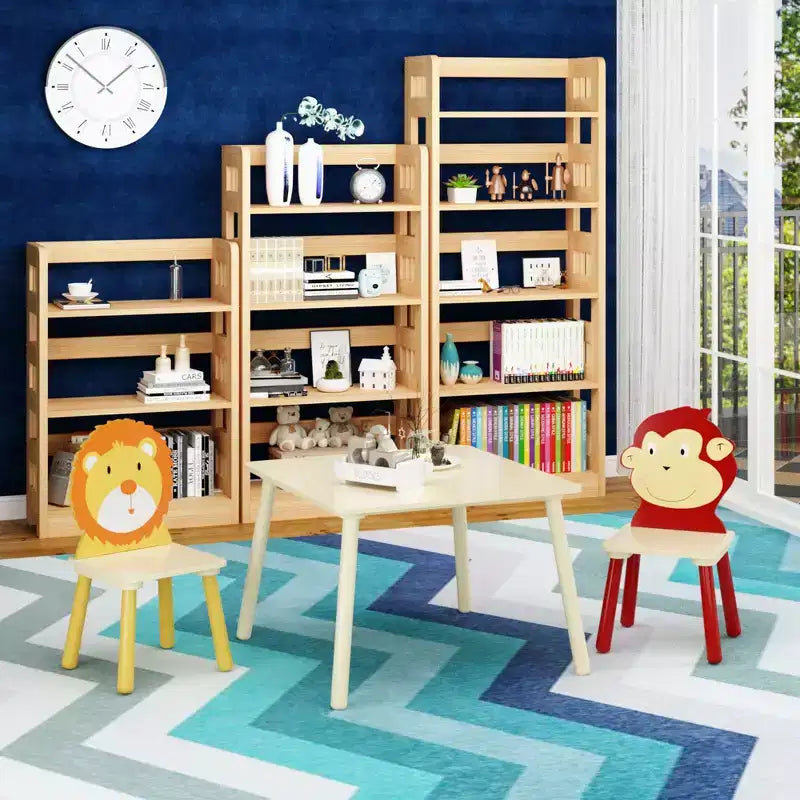 Ensemble Table et Chaises Enfant 5 Pièces Whisen, Table Enfant en Bois avec 4 Chaises Motif Animaux de Dessin Animé