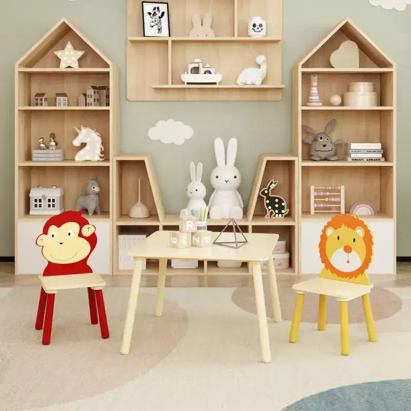 Ensemble Table et Chaises Enfant 5 Pièces Whisen, Table Enfant en Bois avec 4 Chaises Motif Animaux de Dessin Animé