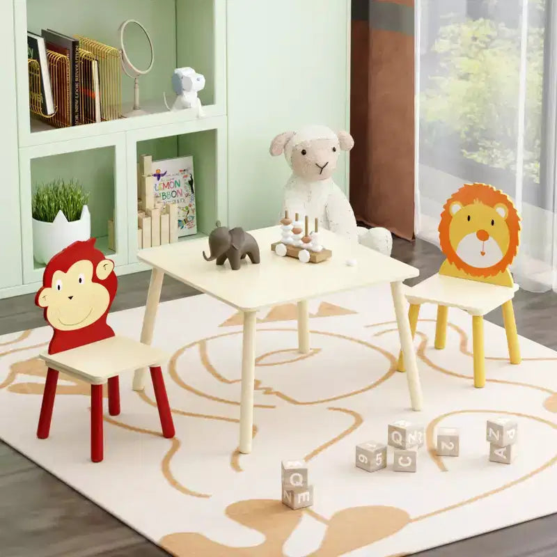 Ensemble Table et Chaises Enfant 5 Pièces Whisen, Table Enfant en Bois avec 4 Chaises Motif Animaux de Dessin Animé