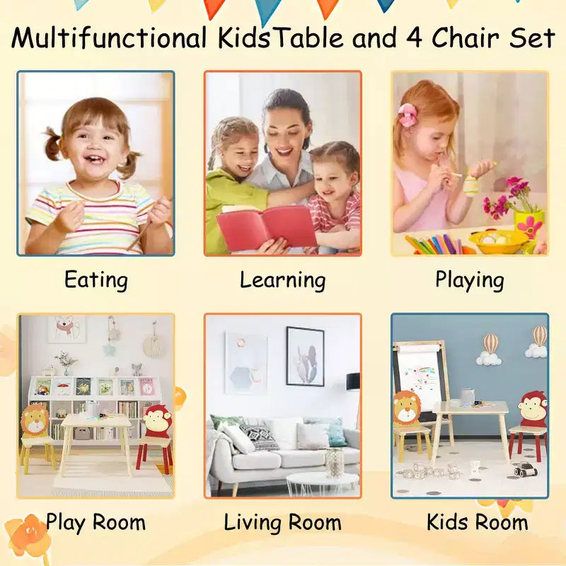 Ensemble Table et Chaises Enfant 5 Pièces Whisen, Table Enfant en Bois avec 4 Chaises Motif Animaux de Dessin Animé