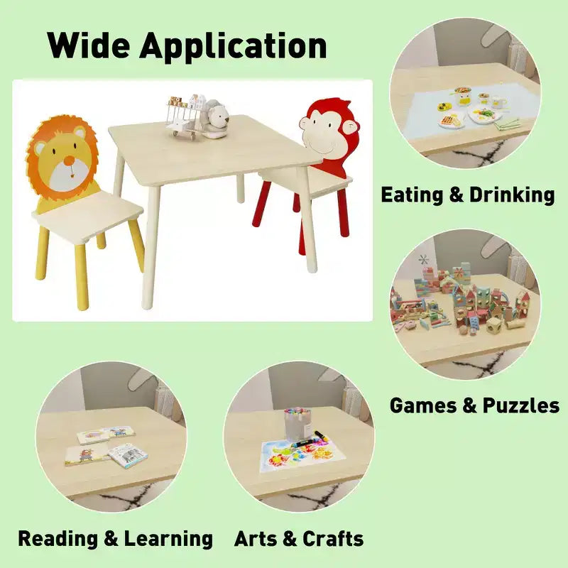 Ensemble Table et Chaises Enfant 5 Pièces Whisen, Table Enfant en Bois avec 4 Chaises Motif Animaux de Dessin Animé