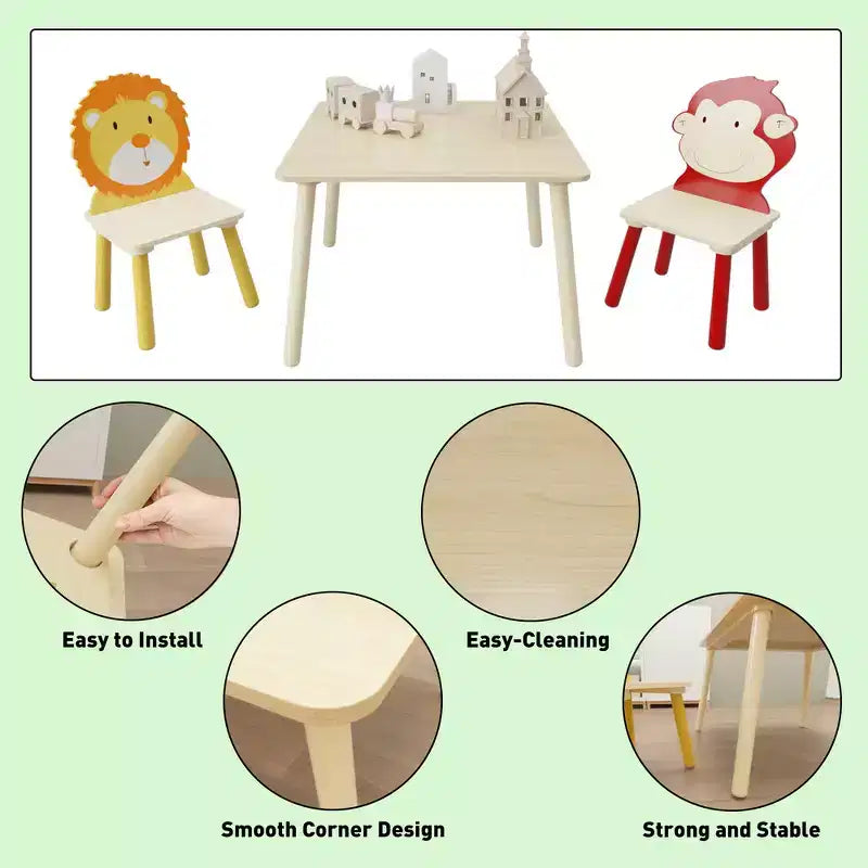 Ensemble Table et Chaises Enfant 5 Pièces Whisen, Table Enfant en Bois avec 4 Chaises Motif Animaux de Dessin Animé