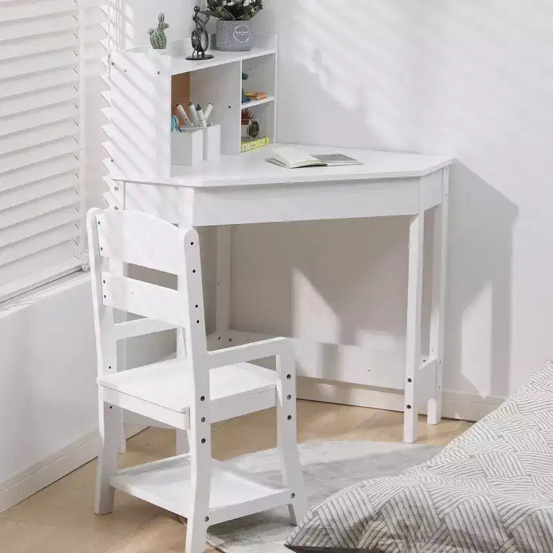 Children's study desk and chair set, corner study desk with bookshelf, adjustable chair, corkboard, suitable for boys and girls.