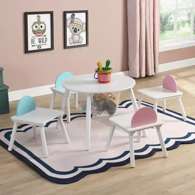 Whisen Kids Table and Chair Set, High-Quality Wood, Hidden Storage Mesh Bag, Multi-Functional for Indoor/Outdoor Use - White