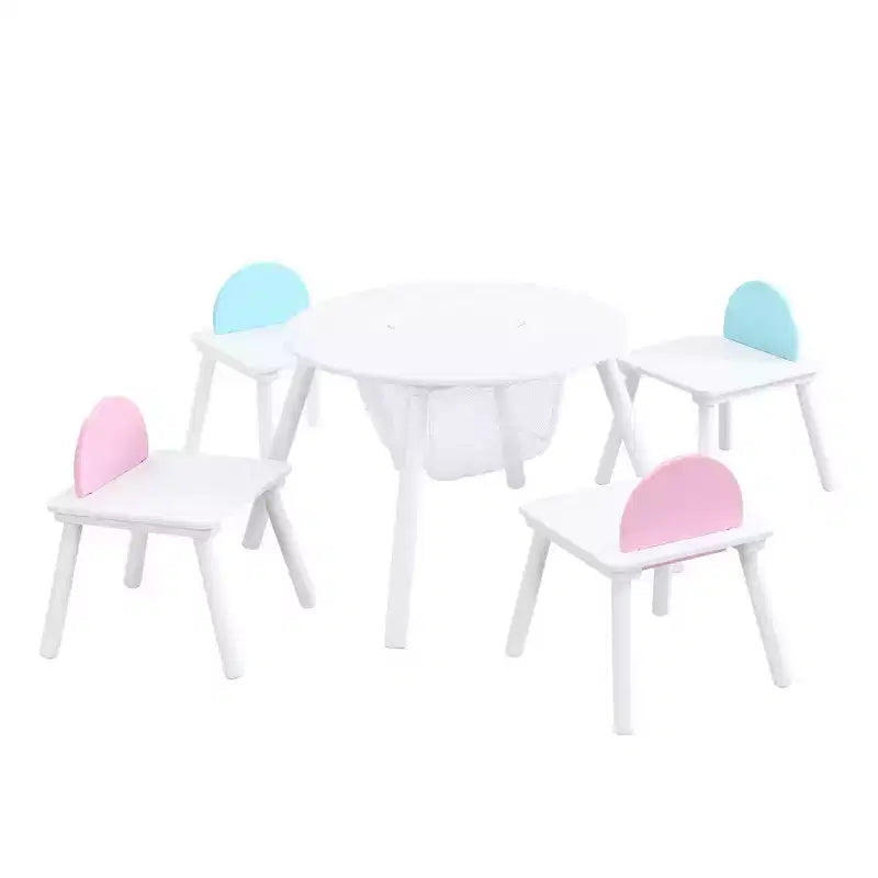 Ensemble Table et Chaises Whisen pour Enfants, Bois de Haute Qualité, Sac de Rangement en Filet Intégré, Utilisation Multifonctionnelle Intérieur/Extérieur - Blanc
