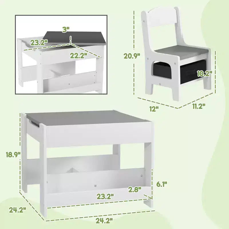 Ensemble table et 2 chaises pour enfants Whisen avec tableau noir, rangement et étagères, cadeau idéal pour les enfants