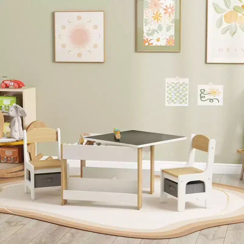 Ensemble table et 2 chaises pour enfants Whisen avec tableau noir, rangement et étagères, cadeau idéal pour les enfants