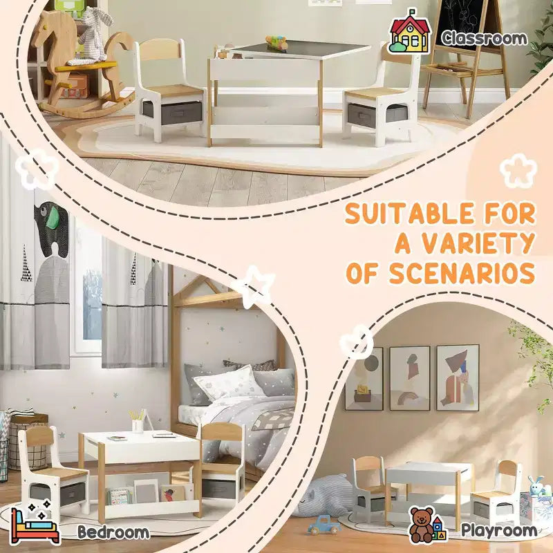 Ensemble table et 2 chaises pour enfants Whisen avec tableau noir, rangement et étagères, cadeau idéal pour les enfants