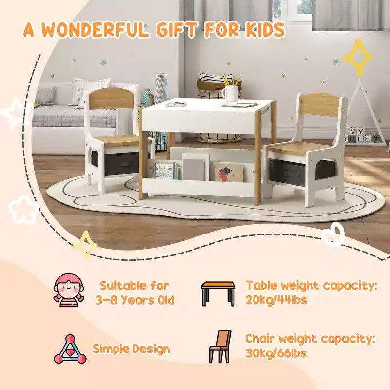 Ensemble table et 2 chaises pour enfants Whisen avec tableau noir, rangement et étagères, cadeau idéal pour les enfants