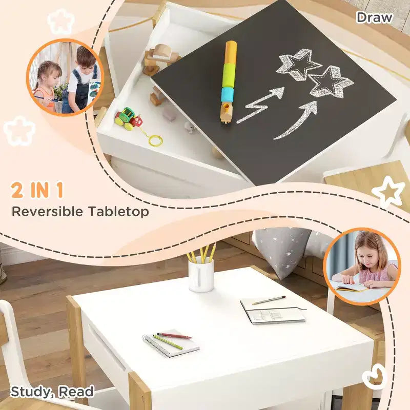 Ensemble table et 2 chaises pour enfants Whisen avec tableau noir, rangement et étagères, cadeau idéal pour les enfants