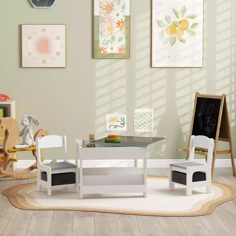 Ensemble table et 2 chaises pour enfants Whisen avec tableau noir, rangement et étagères, cadeau idéal pour les enfants