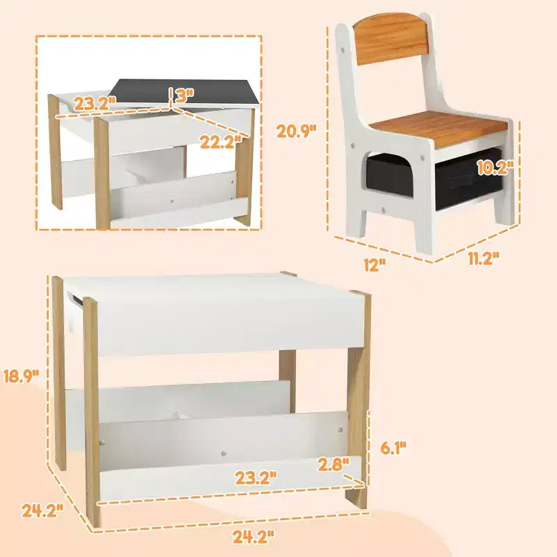 Ensemble table et 2 chaises pour enfants Whisen avec tableau noir, rangement et étagères, cadeau idéal pour les enfants
