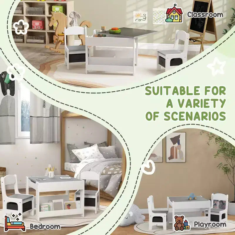 Ensemble table et 2 chaises pour enfants Whisen avec tableau noir, rangement et étagères, cadeau idéal pour les enfants