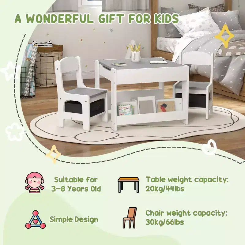 Ensemble table et 2 chaises pour enfants Whisen avec tableau noir, rangement et étagères, cadeau idéal pour les enfants
