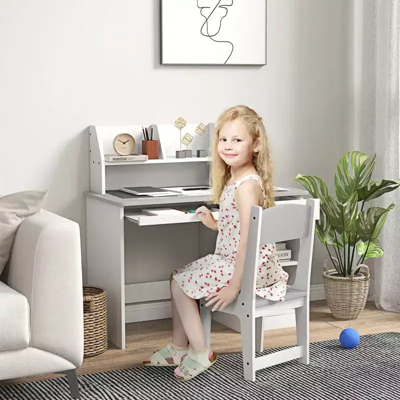 Whisen Kids Desk and Chair Set with Storage, Study Desk with Chair for Children 5-8 Years Old, Gift for Kids - Gray