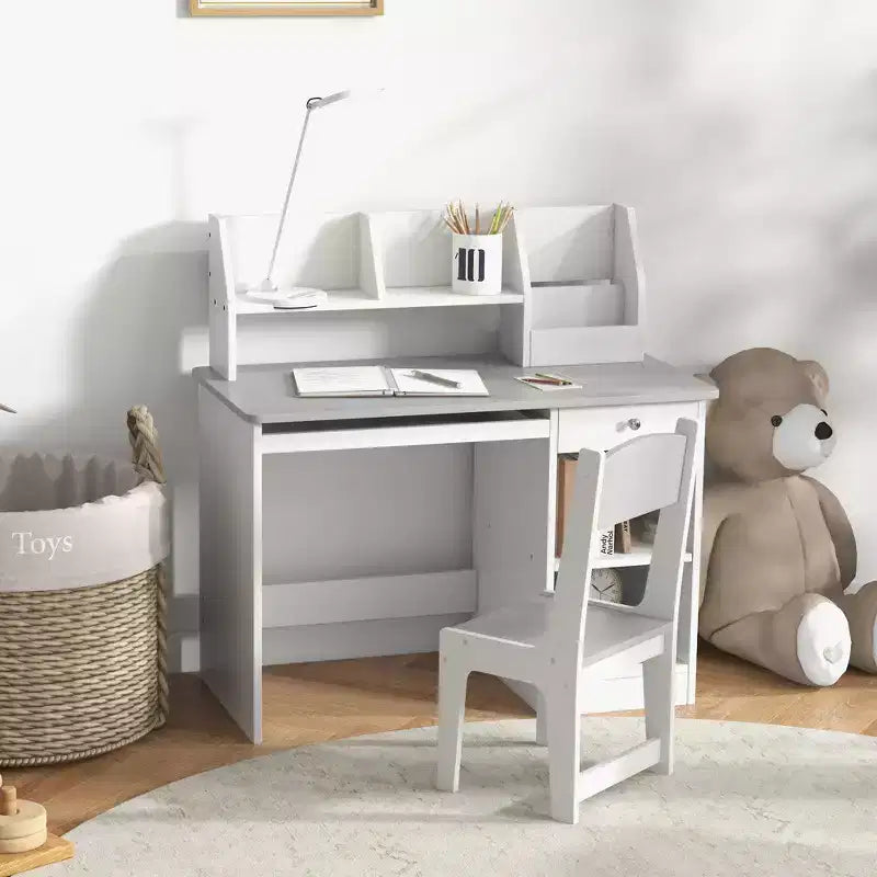 Whisen – Bureau et chaise pour enfants avec rangement, bureau d'étude avec chaise pour enfants de 5 à 8 ans, cadeau pour enfants – Gris