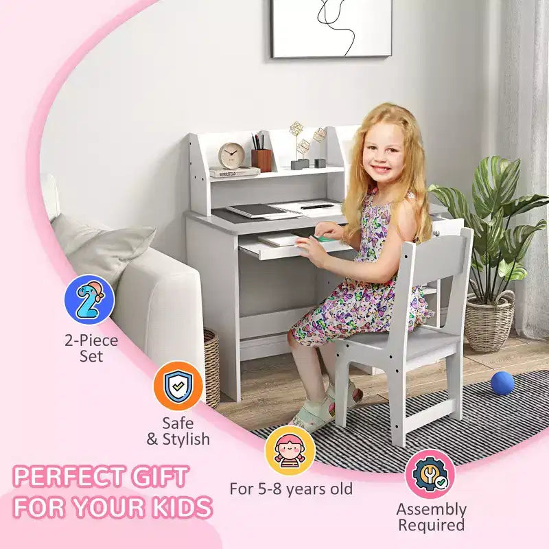 Whisen – Bureau et chaise pour enfants avec rangement, bureau d'étude avec chaise pour enfants de 5 à 8 ans, cadeau pour enfants – Gris