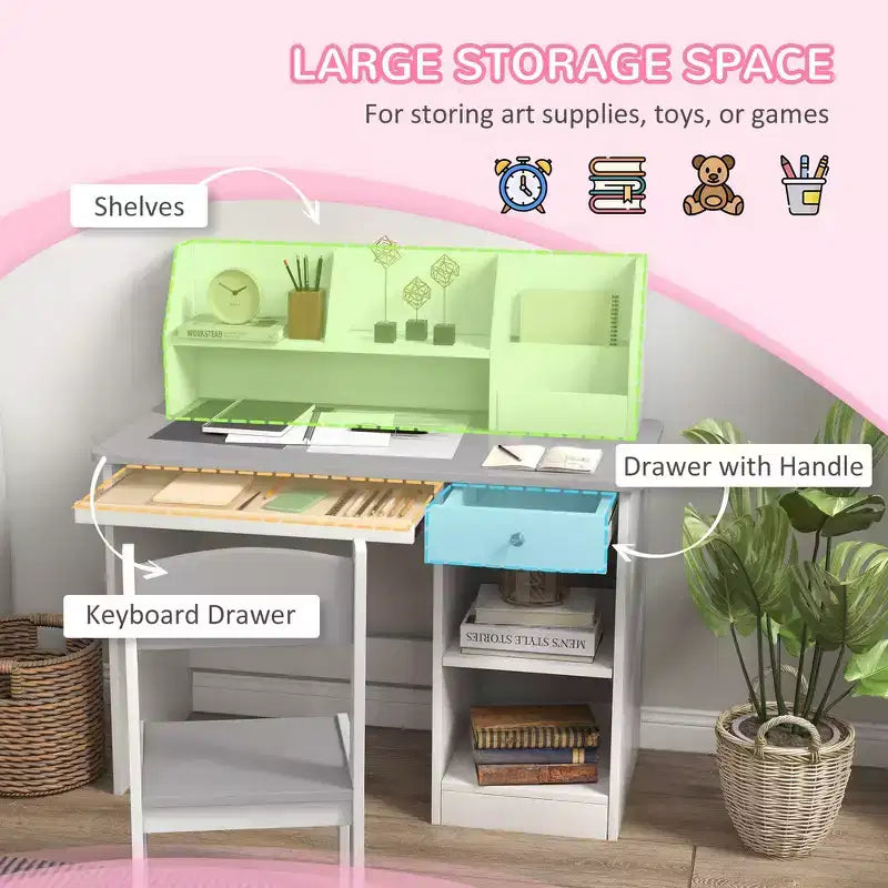Whisen – Bureau et chaise pour enfants avec rangement, bureau d'étude avec chaise pour enfants de 5 à 8 ans, cadeau pour enfants – Gris