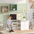 Whisen Kids Table and Chair Set with Storage Shelves, Foldable Blackboard, Whiteboard & Roll Paper, Gift for Kids - White