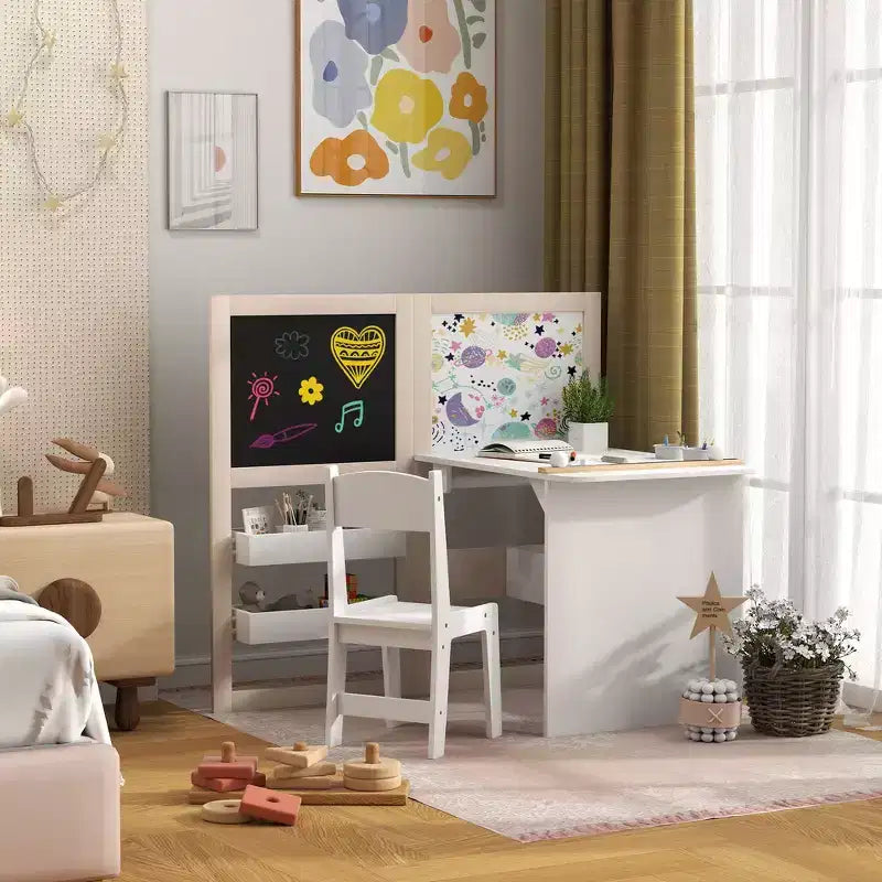 Table et chaise Whisen pour enfants avec étagères de rangement, tableau noir pliable, tableau blanc et rouleau de papier, cadeau pour enfants - Blanc