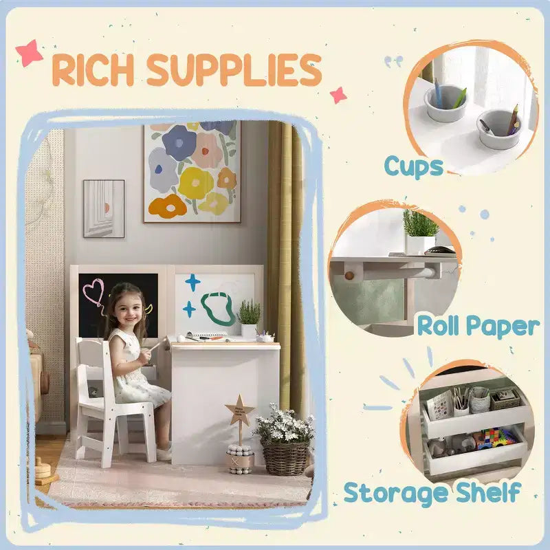 Table et chaise Whisen pour enfants avec étagères de rangement, tableau noir pliable, tableau blanc et rouleau de papier, cadeau pour enfants - Blanc