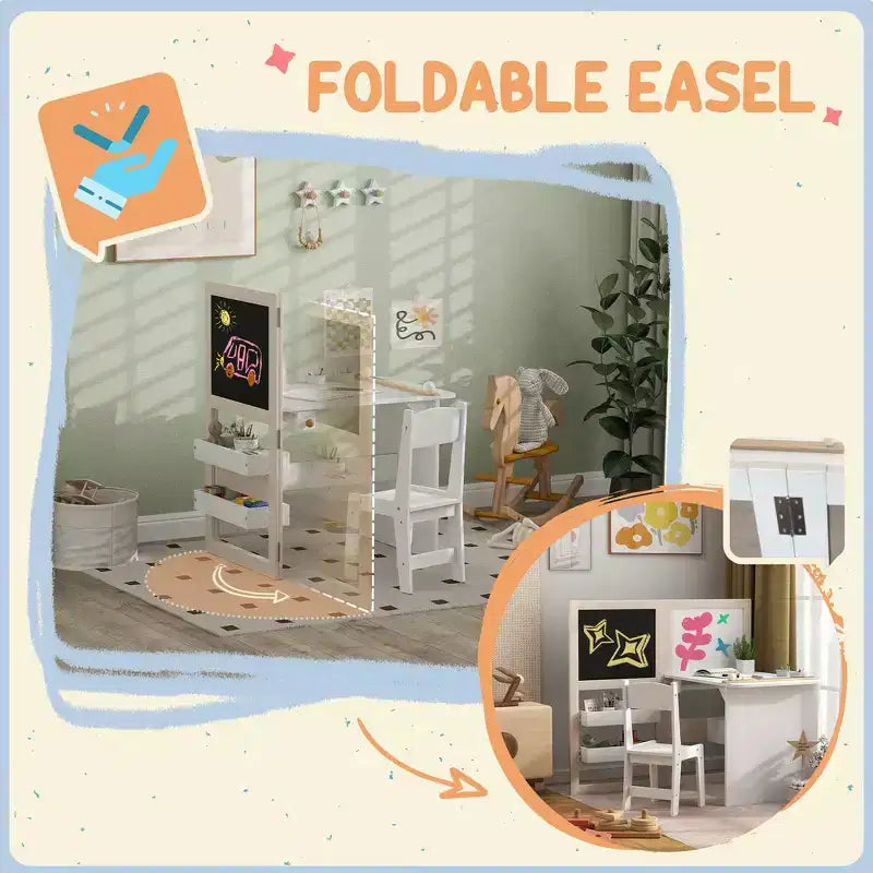 Table et chaise Whisen pour enfants avec étagères de rangement, tableau noir pliable, tableau blanc et rouleau de papier, cadeau pour enfants - Blanc