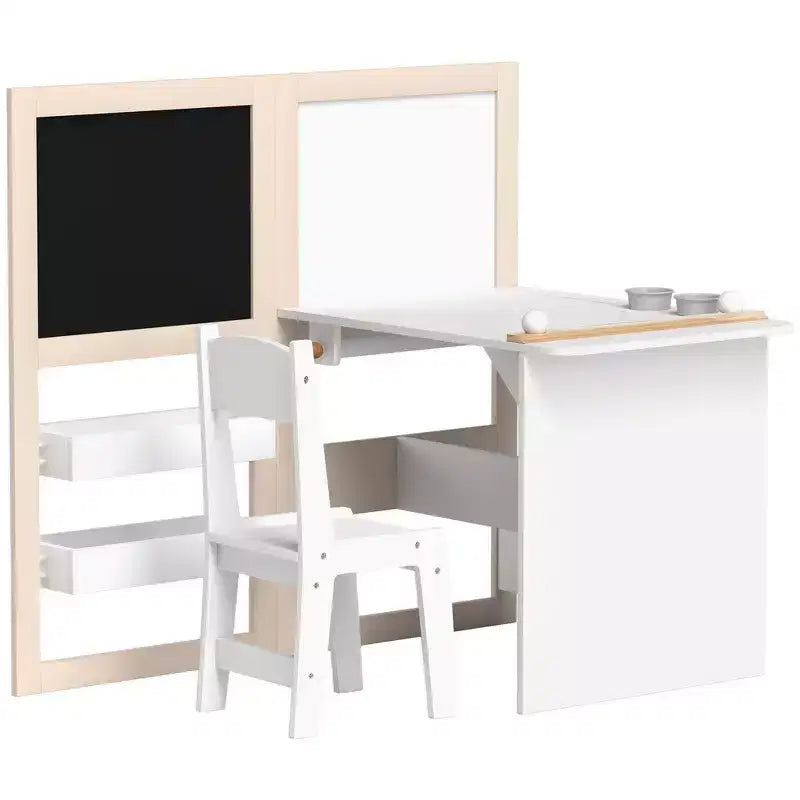 Table et chaise Whisen pour enfants avec étagères de rangement, tableau noir pliable, tableau blanc et rouleau de papier, cadeau pour enfants - Blanc