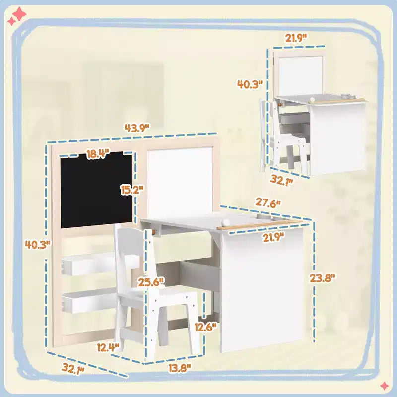 Table et chaise Whisen pour enfants avec étagères de rangement, tableau noir pliable, tableau blanc et rouleau de papier, cadeau pour enfants - Blanc