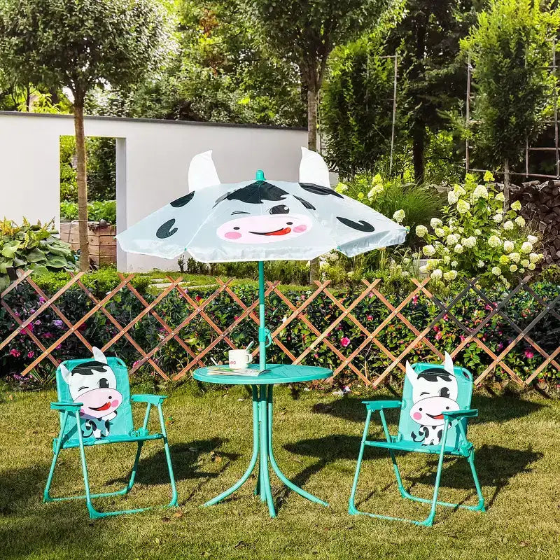 Whisen Kids Table and Chair Set with Dairy Cow Pattern, Removable & Height Adjustable Sun Umbrella, Gift for Kids - White