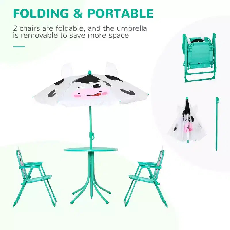 Ensemble table et chaises Whisen pour enfants avec motif de vache laitière, parasol amovible et réglable en hauteur, cadeau pour enfants - Blanc