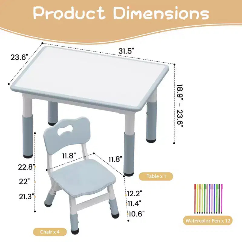 Ensemble table et 4 chaises pour enfants, ensemble table et chaise d'étude pour enfants avec plateau de bureau graffiti et pieds antidérapants, table d'activités réglable en hauteur pour tout-petits
