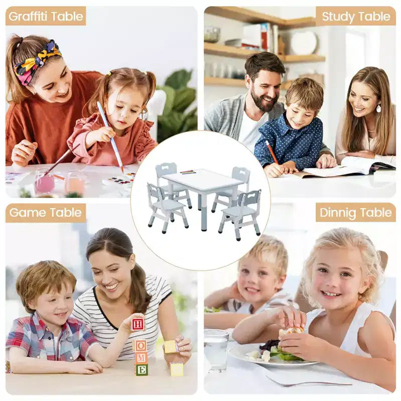 Ensemble table et 4 chaises pour enfants, ensemble table et chaise d'étude pour enfants avec plateau de bureau graffiti et pieds antidérapants, table d'activités réglable en hauteur pour tout-petits