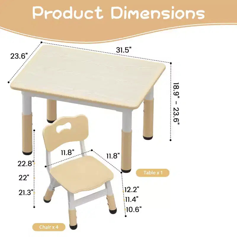 Ensemble table et 4 chaises pour enfants, ensemble table et chaise d'étude pour enfants avec plateau de bureau graffiti et pieds antidérapants, table d'activités réglable en hauteur pour tout-petits