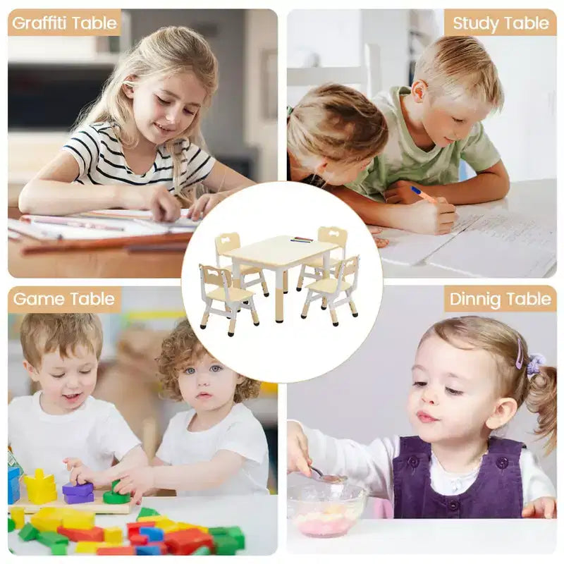 Ensemble table et 4 chaises pour enfants, ensemble table et chaise d'étude pour enfants avec plateau de bureau graffiti et pieds antidérapants, table d'activités réglable en hauteur pour tout-petits