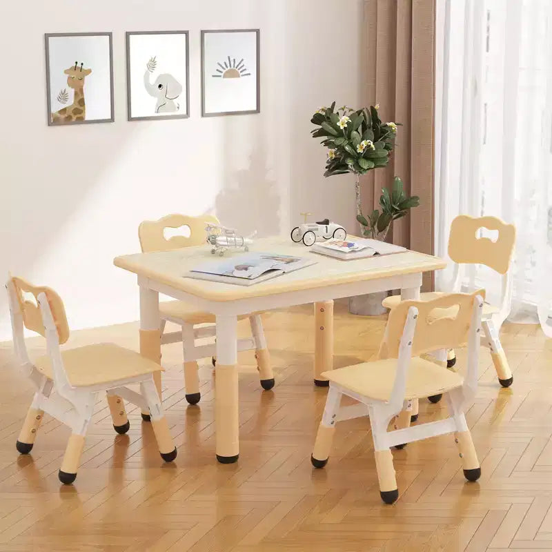 Kids Table and 4 Chairs Set, Kids Study Table and Chair Set with Graffiti Desktop & Non-Slip Legs, Height Adjustable Toddler Activity Table