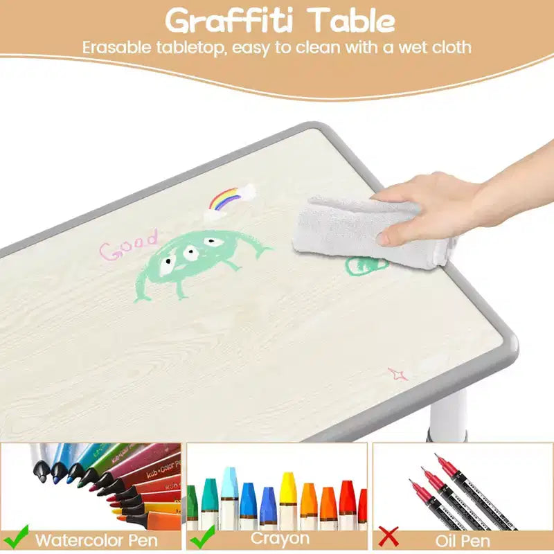 Ensemble table et chaises d'étude pour enfants avec rangement, hauteur réglable pour enfants de 3 à 8 ans, tapis de sol antidérapants, plateau de table facile à nettoyer
