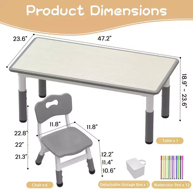 Ensemble table et chaises d'étude pour enfants avec rangement, hauteur réglable pour enfants de 3 à 8 ans, tapis de sol antidérapants, plateau de table facile à nettoyer